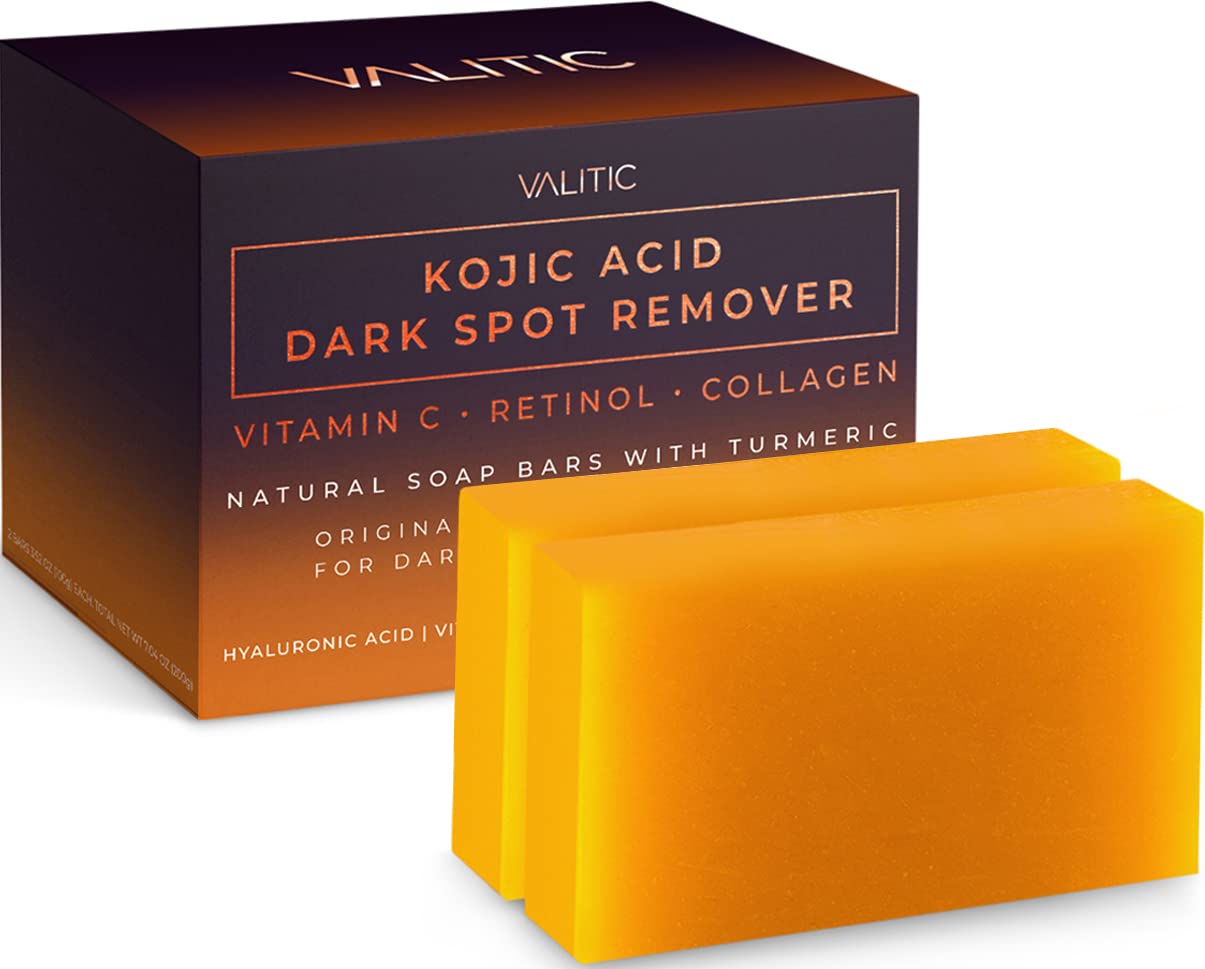Savons anti-taches à l'acide kojique VALITIC à la vitamine C, au rétinol, au collagène et au curcuma - Complexe japonais original infusé d'acide hyaluronique, de vitamine E, de beurre de karité et d'huile d'olive de Castille (lot de 2)