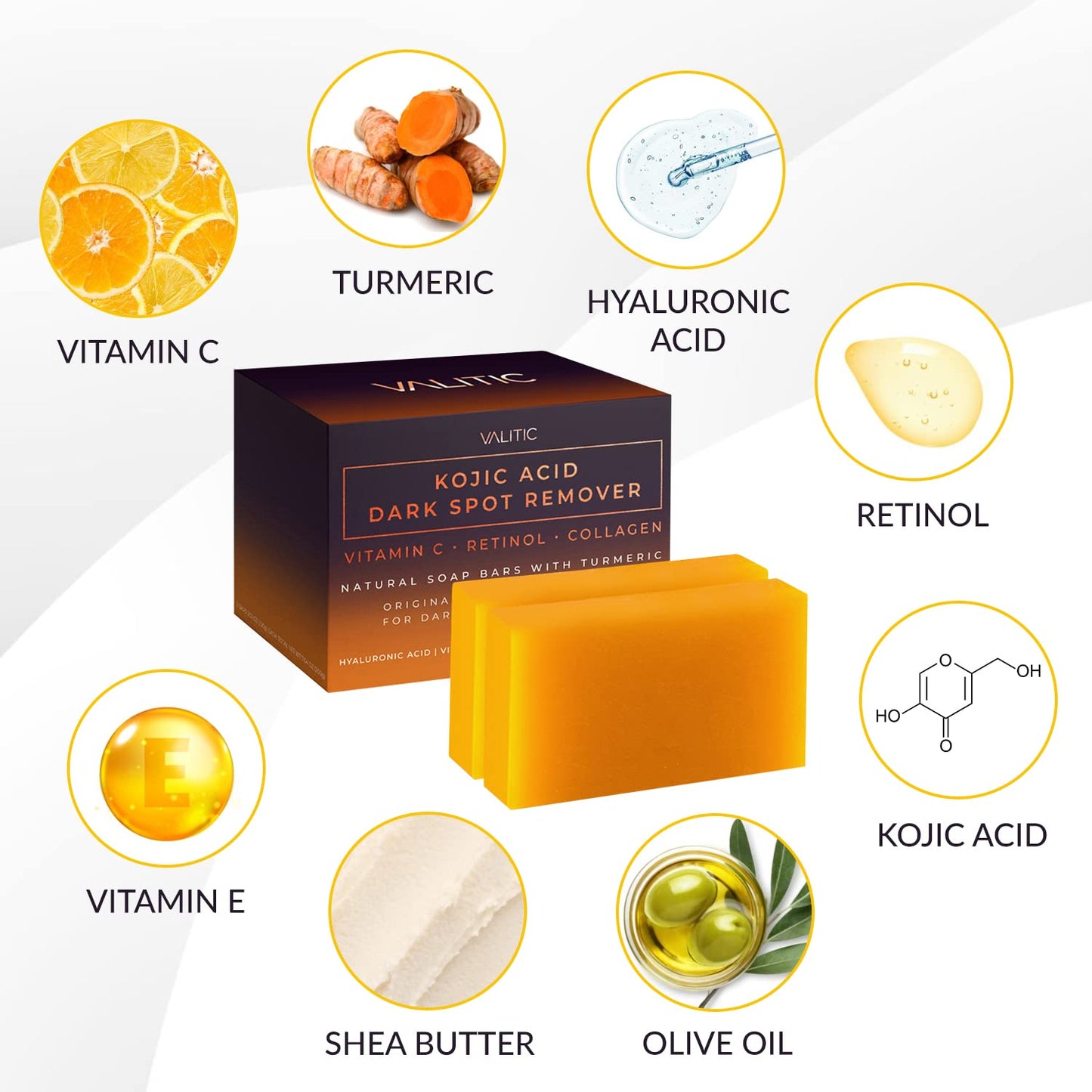 Savons anti-taches à l'acide kojique VALITIC à la vitamine C, au rétinol, au collagène et au curcuma - Complexe japonais original infusé d'acide hyaluronique, de vitamine E, de beurre de karité et d'huile d'olive de Castille (lot de 2)