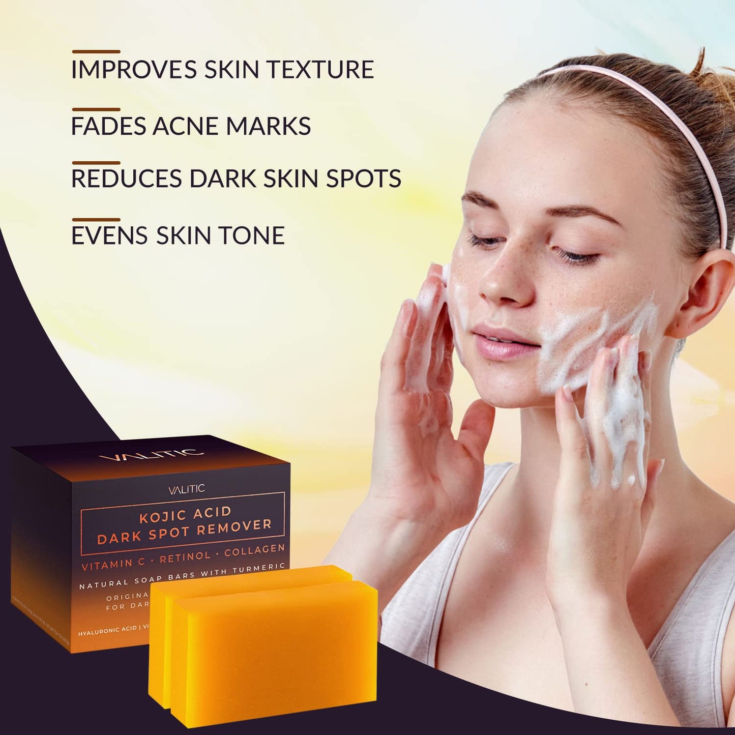 Savons anti-taches à l'acide kojique VALITIC à la vitamine C, au rétinol, au collagène et au curcuma - Complexe japonais original infusé d'acide hyaluronique, de vitamine E, de beurre de karité et d'huile d'olive de Castille (lot de 2)