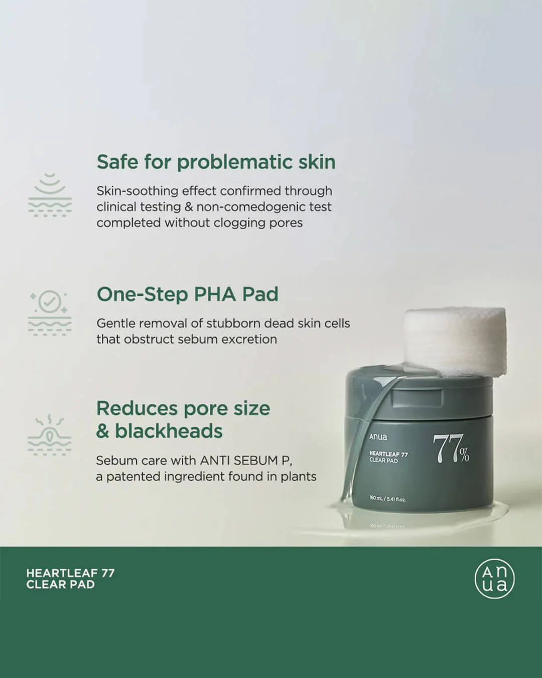 Tampon de toner ANUA Heartleaf 77, 70 feuilles, soin des peaux mortes PHA, tampon de toner quotidien à faible pH exfoliant