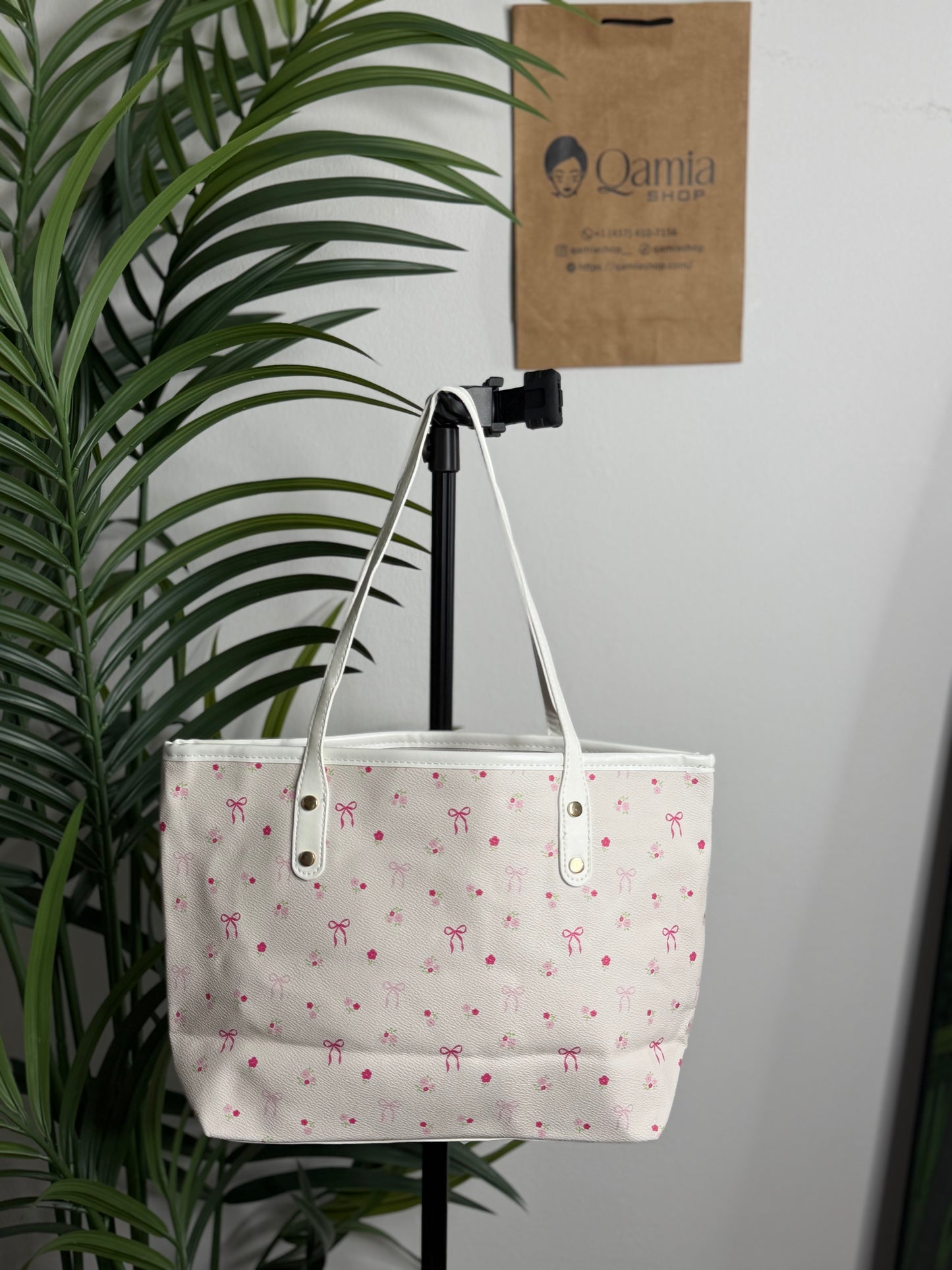 FLORAL BOW CANVAS TOTE WHITE MINIMALIST CASUAL HANDBAG