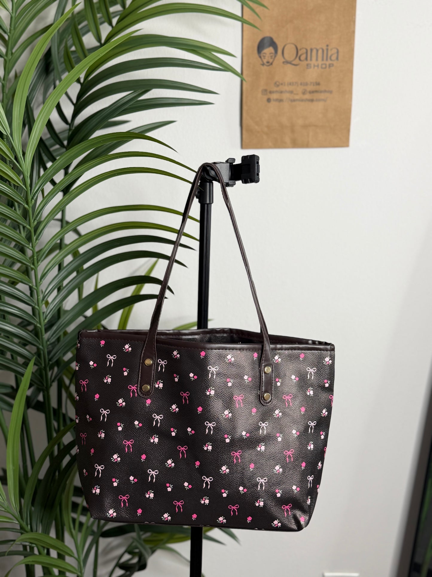 BLACK FLORAL BOW PRINT TOTE LADIES' MINIMALIST SHOULDER BAG