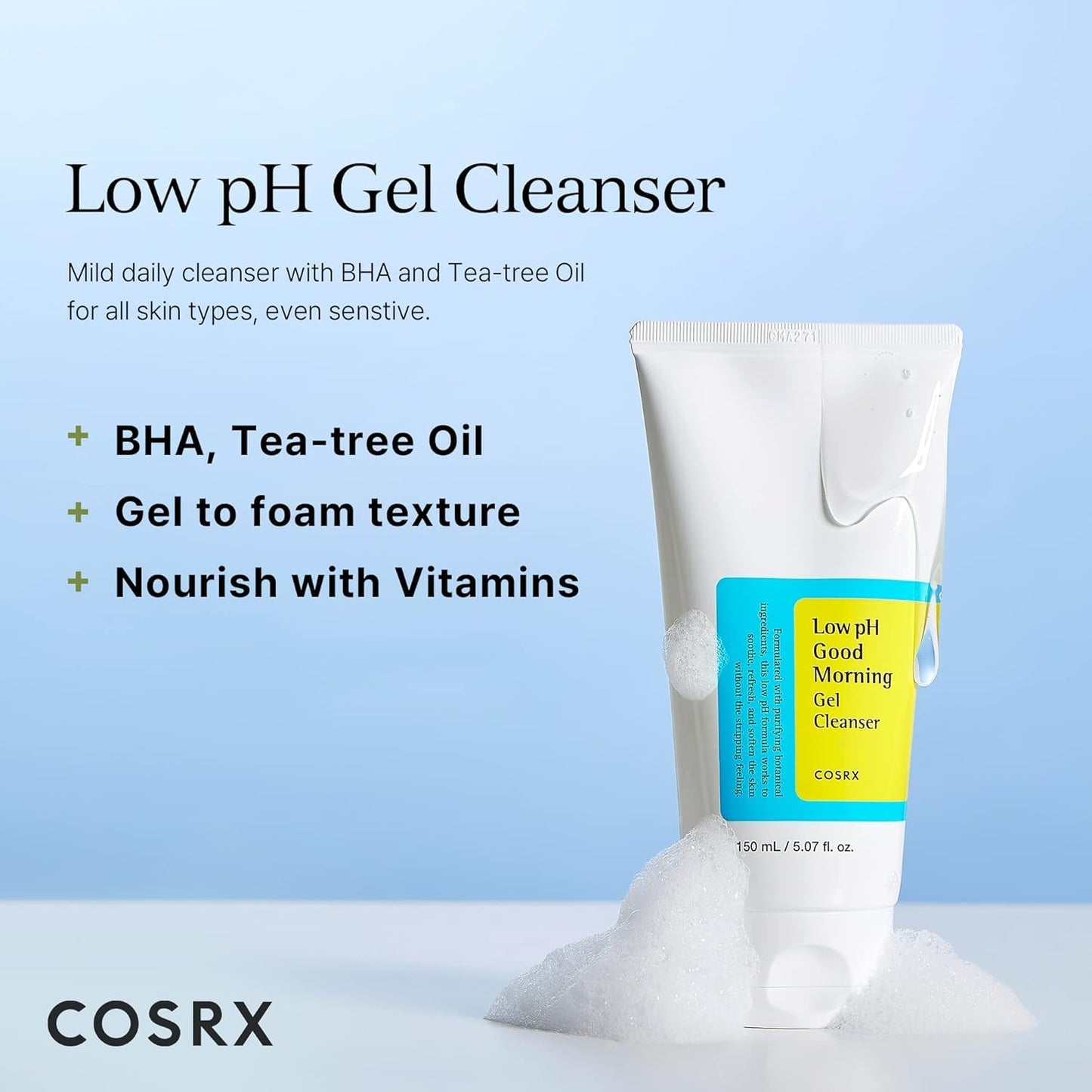 Gel nettoyant matinal à faible pH COSRX, 150 ml | Nettoyant visage doux quotidien pour peaux sensibles | Équilibrage du pH