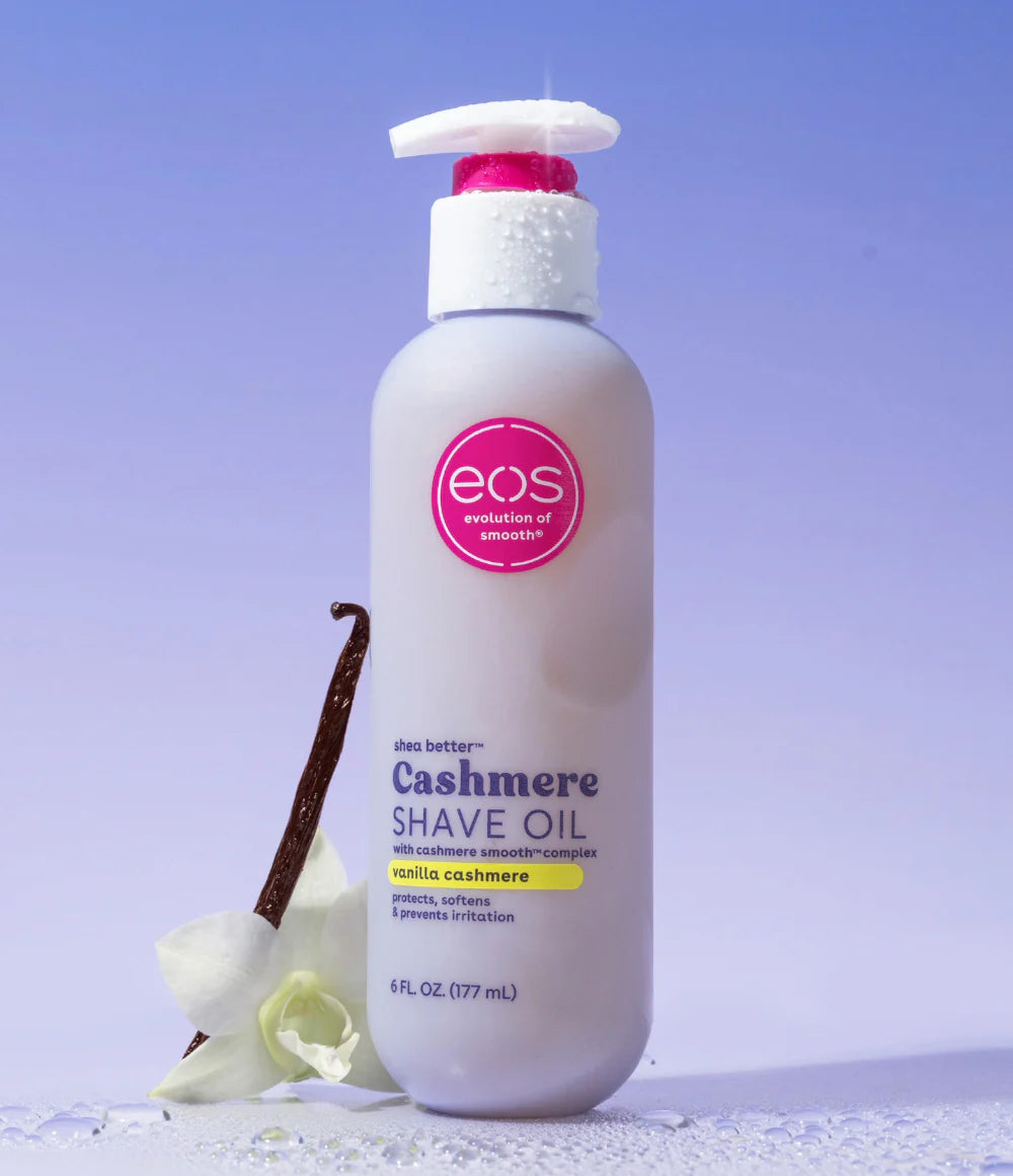 Huile de rasage Eos Cashmere Skin Collection, vanille cachemire, apaisante et hydratante, prévient les irritations et les brûlures du rasoir, convient à toute la zone du bikini, 170 ml. L'emballage peut varier.