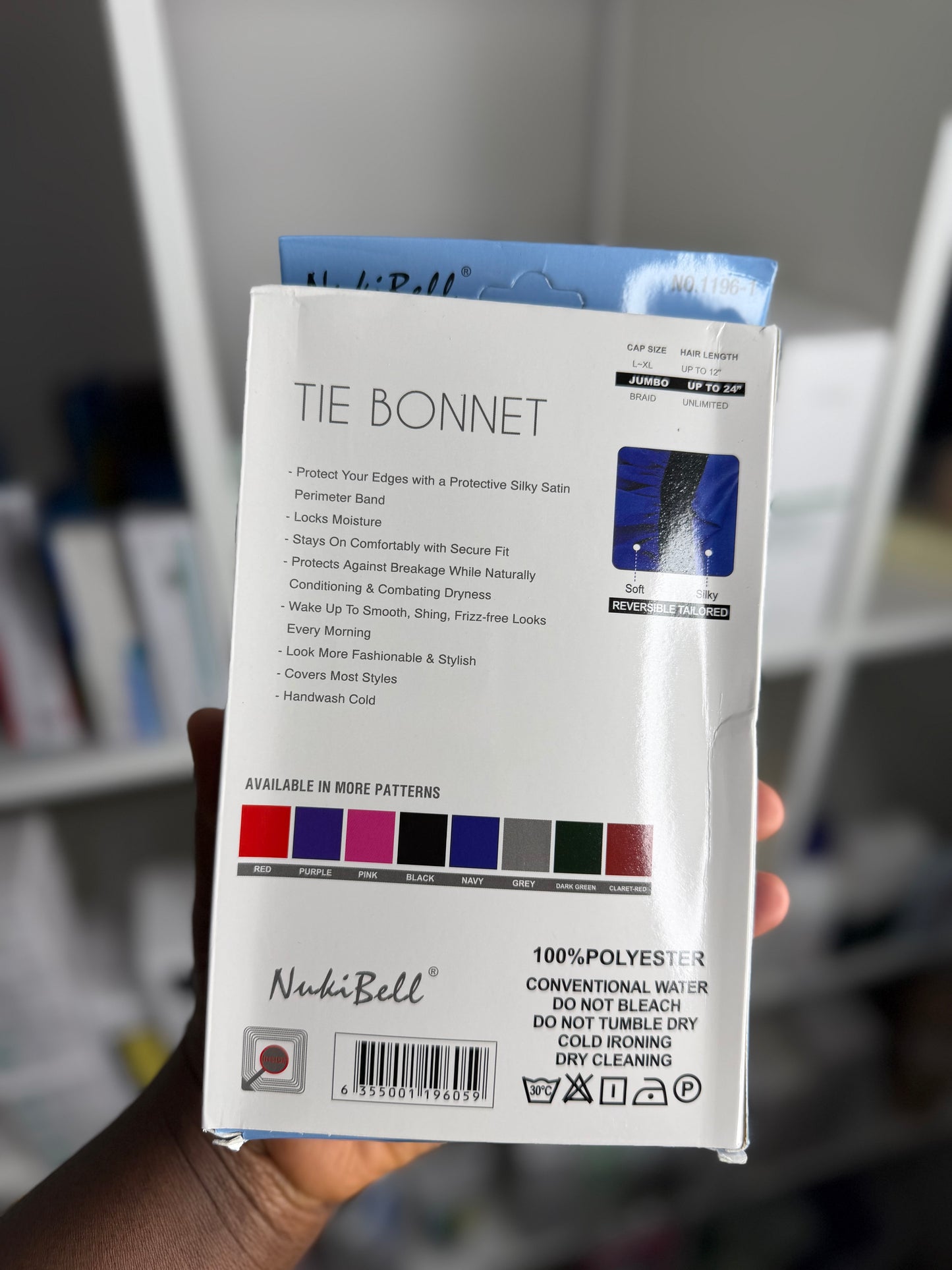 NUKIBELL JUMBO PLUS TIE BONNET REVERSIBLE, EXTRA LONG TIE, PREMIUM HAIR PROTECTION