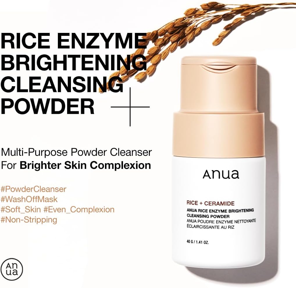 Poudre nettoyante éclaircissante aux enzymes de riz Anua, masque de riz, céramide, nettoyant visage doux pour éclaircir et donner un teint radieux, nettoyant visage pour peaux sèches, soin coréen, sans parfum, 40 g 