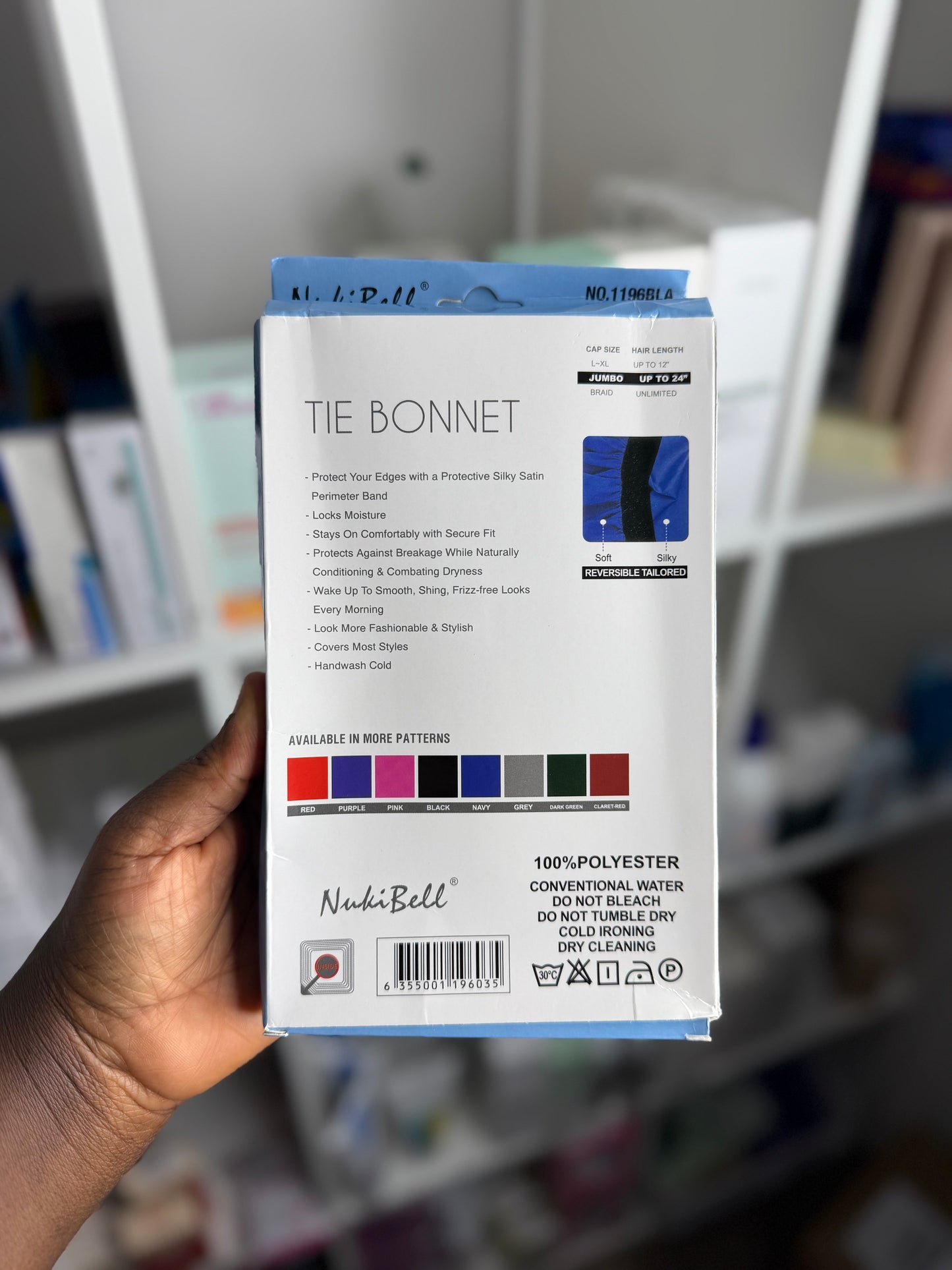 NUKIBELL JUMBO PLUS TIE BONNET REVERSIBLE, EXTRA LONG TIE, PREMIUM HAIR PROTECTION