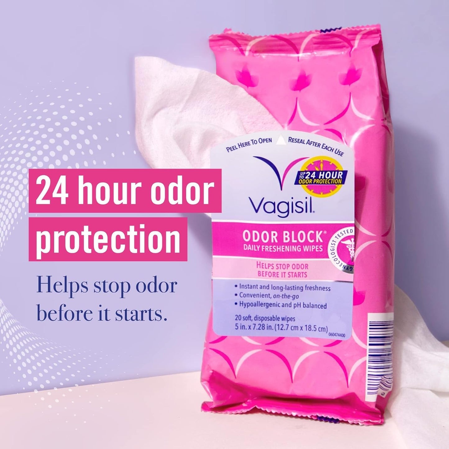 VAGISIL ODOR BLOCK DAILY FRESHENING INTIMATE WIPES FOR FEMININE HYGIENE 20 WIPES (PACK OF 3)