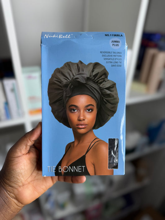 NUKIBELL JUMBO PLUS TIE BONNET REVERSIBLE, EXTRA LONG TIE, PREMIUM HAIR PROTECTION