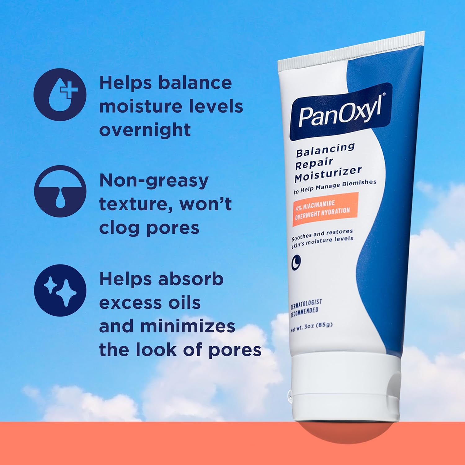 PanOxyl PM Crème hydratante réparatrice équilibrante à la niacinamide, aux céramides et au cica, hydratant visage, peaux à tendance acnéique et sèches, crème de nuit non comédogène, 85 g 