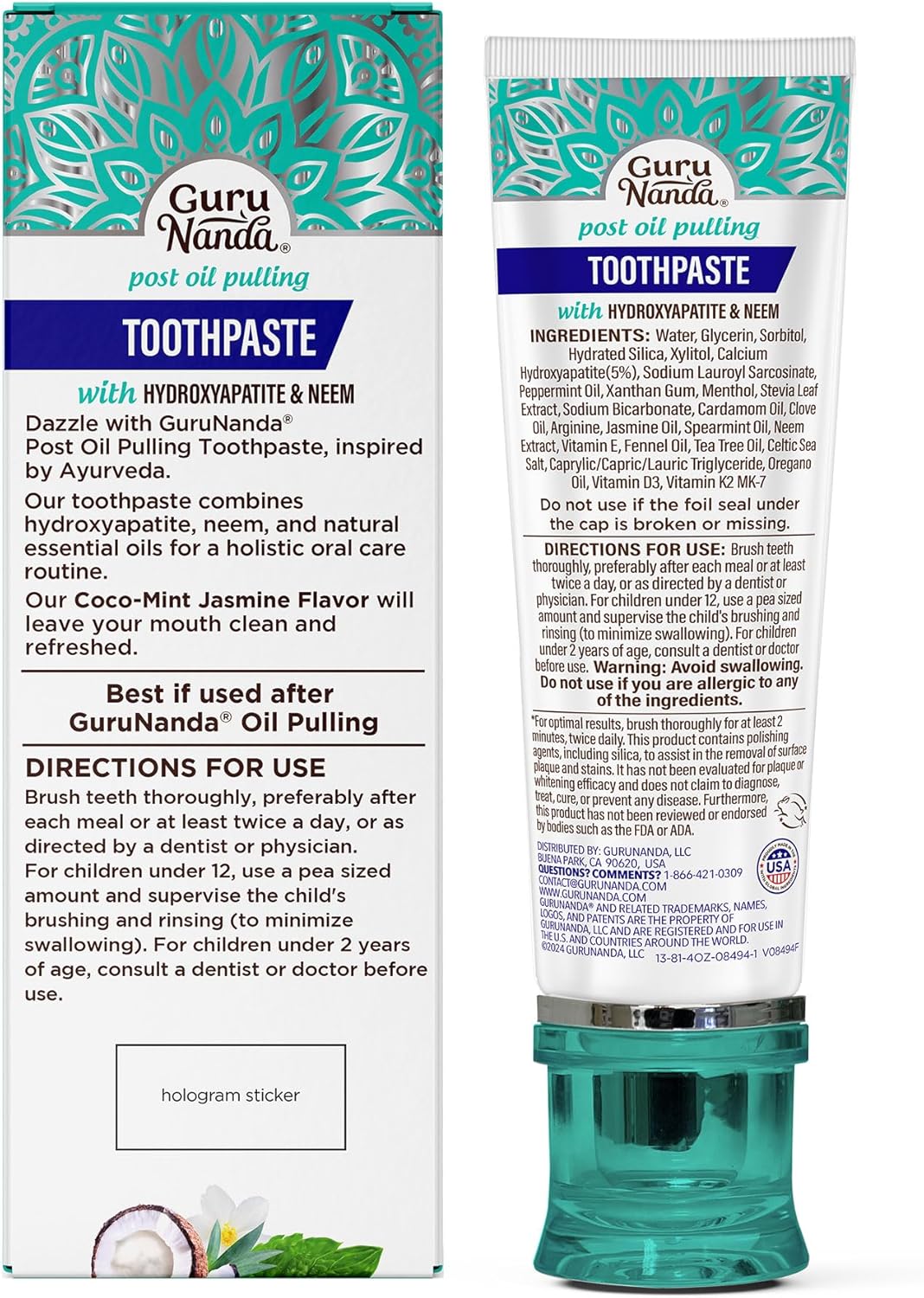 GURUNANDA HYDROXYAPATITE TOOTHPASTE COCOMINT JASMINE NEEM 4.2 OZ