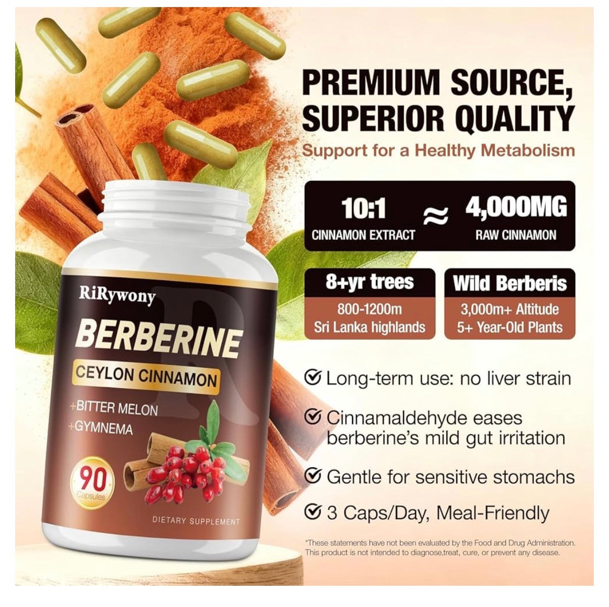 BERBERINE SUPPLEMENT WITH CEYLON CINNAMON, BITTER MELON & GYMNEMA – 1500MG | 90 CAPSULES