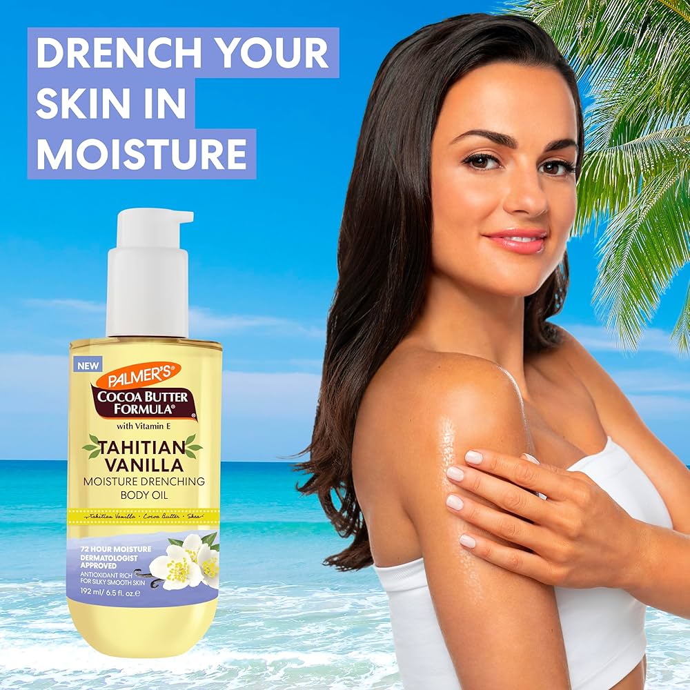 Palmer's Cocoa Butter Formula Body Oil, Moisture Drenching Tahitian Vanilla, 6.5 Oz, 72Hr Hydration with Shea Butter & Vitamin E for Softer Skin, Protects & Soothes Dryness, Dermatologist Approved