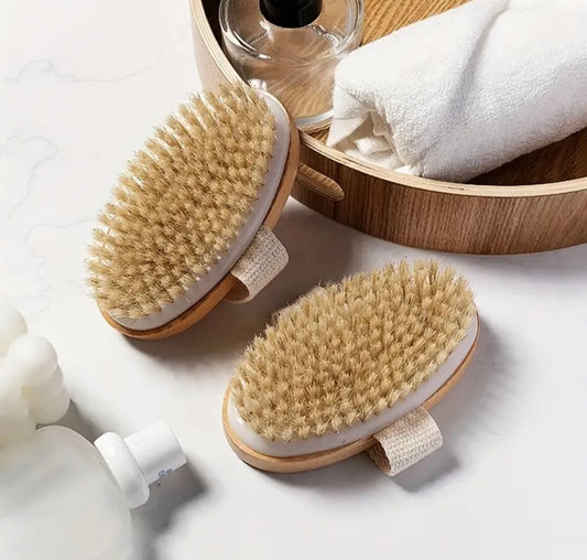Natural Bristle Body Brush – Gentle Exfoliating Dry & Wet Brush | Wooden Handheld Spa Massager