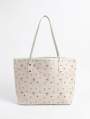 FLORAL BOW CANVAS TOTE WHITE MINIMALIST CASUAL HANDBAG