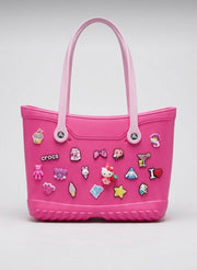 CROCS PINK CLASSIC TOTE BAG WITH JIBBITZ CHARMS | MIDI WATERPROOF RUBBER BEACH BAG