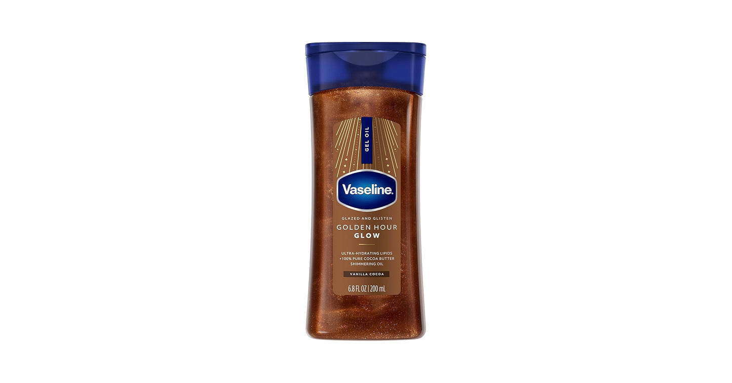 VASELINE GLAZED & GLISTEN GOLDEN HOUR BODY OIL GEL – VANILLA COCOA SHIMMER (6.8 OZ)