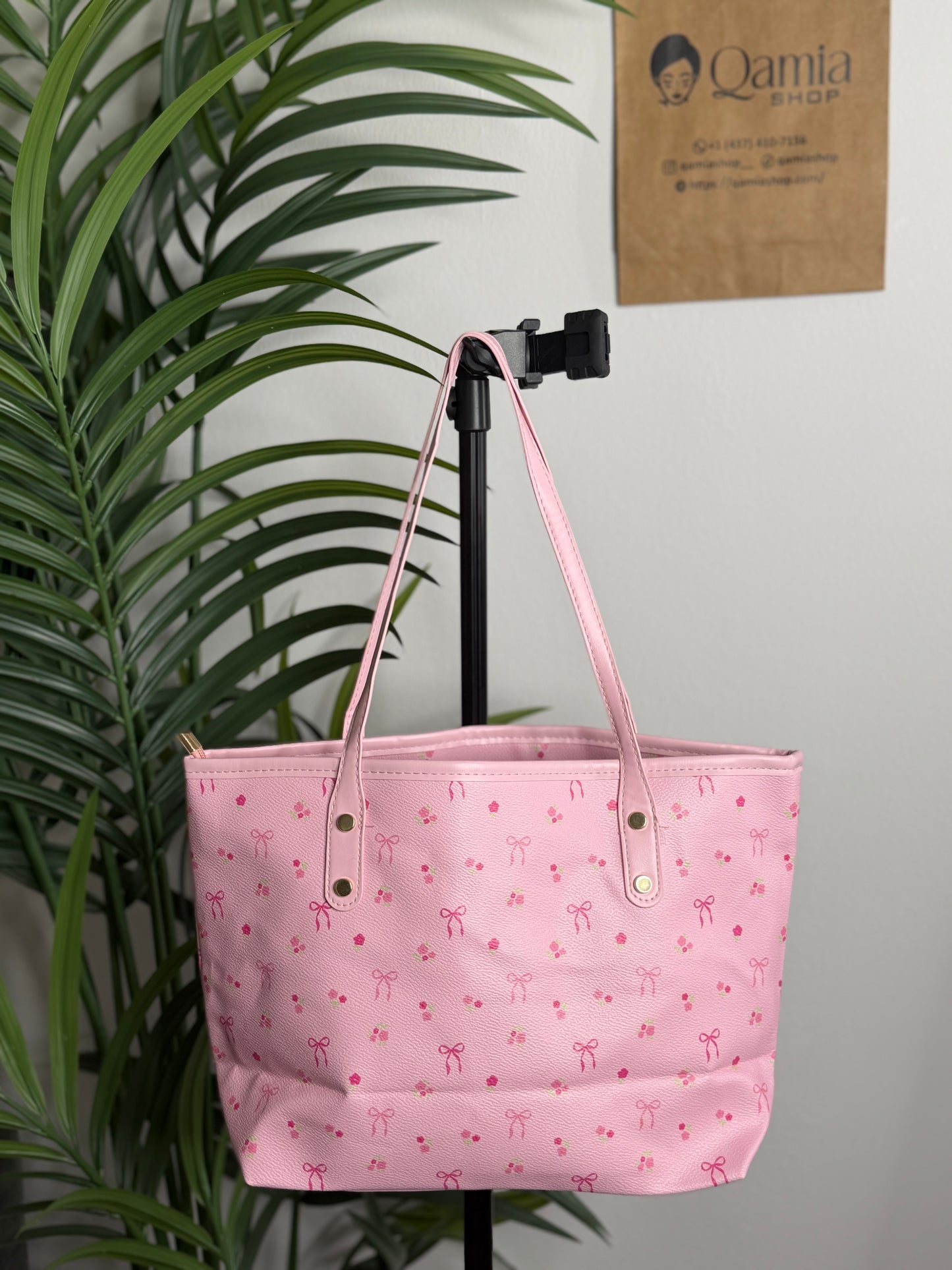 PASTEL PINK BOW PRINT TOTE DURABLE MULTI-PURPOSE SHOULDER BAG