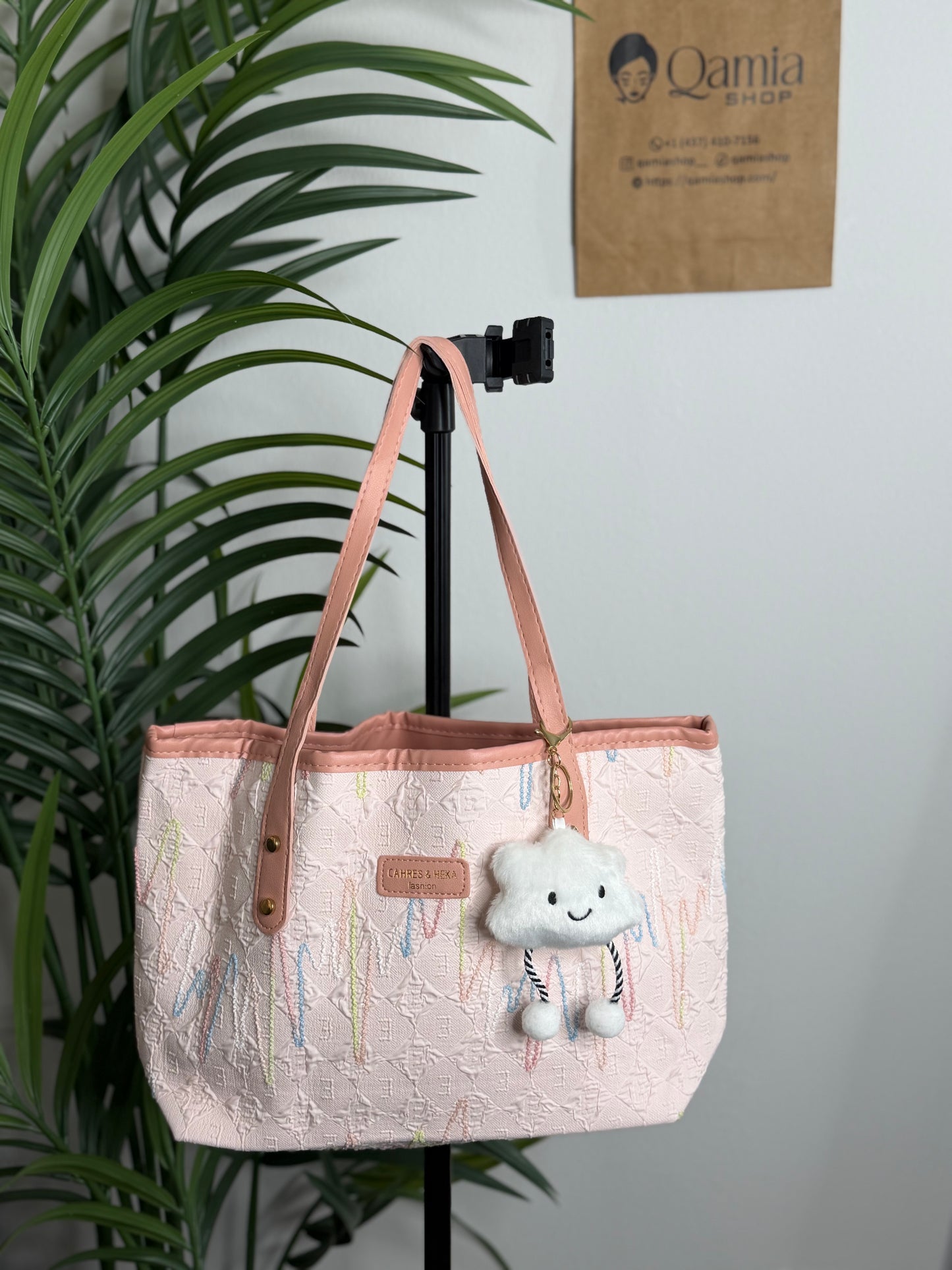 SOFT PINK EMBROIDERED CLOUD TOTE TEXTURED CASUAL SHOULDER BAG
