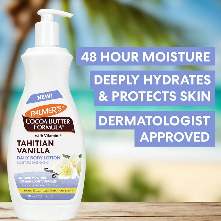 Lotion corporelle Palmer's au beurre de cacao et à la vanille de Tahiti, 400 ml, hydratante quotidienne pour peaux sèches au beurre de karité et à la vitamine E, hydrate et protège, aide à fournir une hydratation profonde pendant 48 heures.
