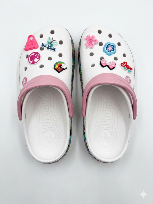 White and Pink Crocband Crocs