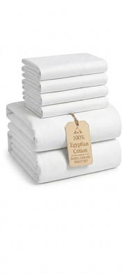 Qamiashop Luxury 100% Egyptian Cotton 6-Piece Bedding Set – Duvet Cover, Flat Sheet & 4 Pillowcases White