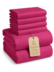 Qamiashop Luxury 100% Cotton 6-Piece Bedding Set – Includes Duvet Cover, Flat Sheet, and 4 Pillowcases pink