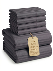 Qamiashop Luxury 100% Egyptian Cotton 6-Piece Striped Bedding Set – Duvet Cover, Flat Sheet & 4 Pillowcases
