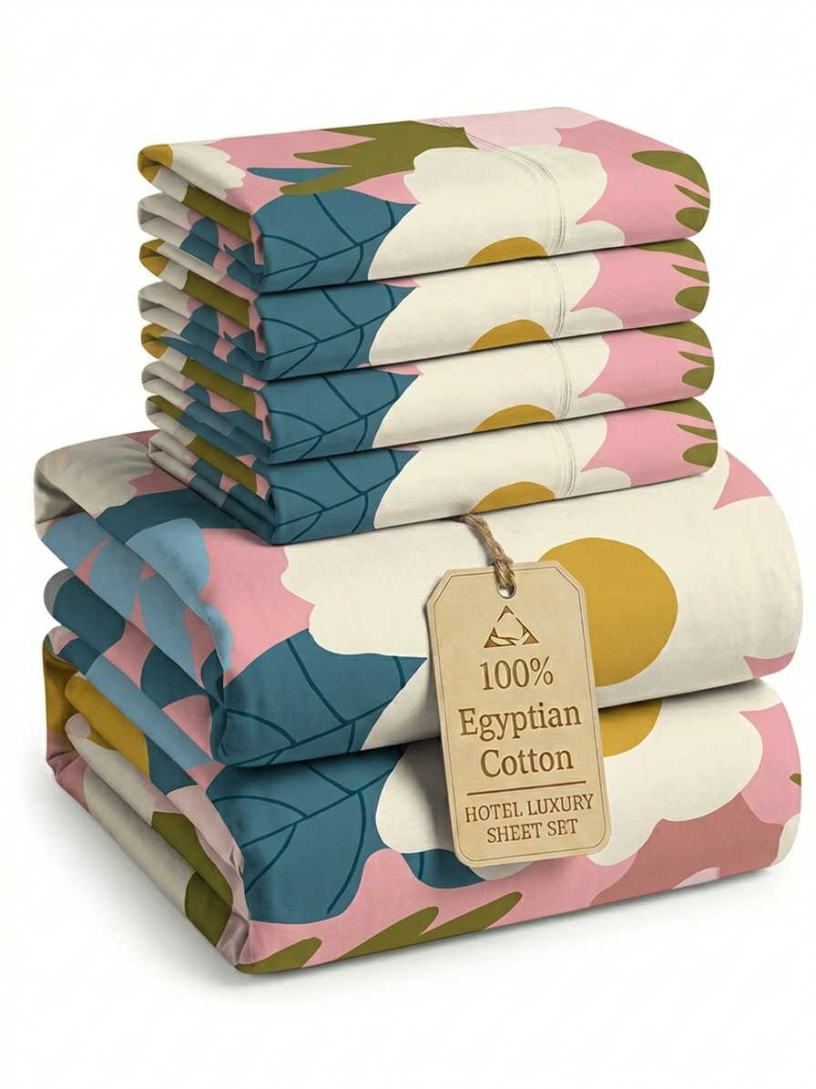 Qamiashop Luxury 100% Egyptian Cotton 6-Piece Bedding Set – Duvet Cover, Flat Sheet & 4 Pillowcases