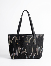 EMBROIDERED ZIGZAG TEXTURED TOTE BLACK SHOULDER BAG