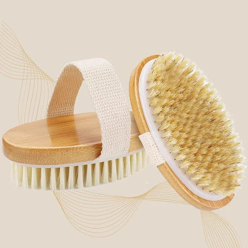 Natural Bristle Body Brush – Gentle Exfoliating Dry & Wet Brush | Wooden Handheld Spa Massager
